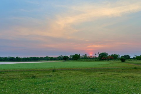 An idyllic landscape with a lake surrounded by trees and a warm morning sky at sunrise, Fazenda