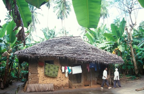 Mud hut between banana trees in the jungle, Zanzibar, Tanzania, Africa, June 2000, vintage, retro,