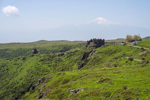 Ruins in green landscape with majestic mountain in background, Amberd Fortress and Mother of God