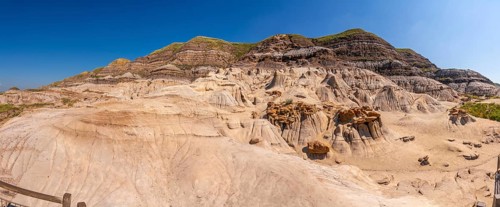 Breathtaking panorama of the drumheller badlands showcasing unique hoodoo formations under a