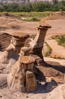 Unique hoodoo rock formations, sculpted by erosion, stand tall in the arid badlands near