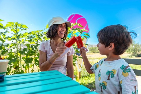 Mother and son are enjoying colorful popsicles at a picnic table on a sunny summer day in