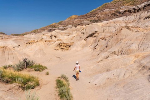 Female tourist walking on a trail in horseshoe canyon, a unique geological formation near