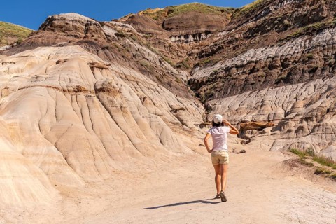 Female tourist walking and exploring horseshoe canyon in drumheller, alberta, a unique geological
