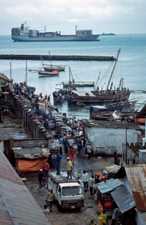 Hustle and bustle in the harbor, container ship, Zanzibar, Tanzania, Africa, June 2000, vintage,