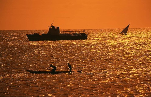 Boats off Zanzibar Town, Orangefilter, Zanzibar, Tanzania, Africa, June 2000, vintage, retro, old,