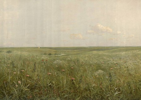 Steppe landscape in Kazakhstan, authentic reproduction of a school mural, historical, around 1900
