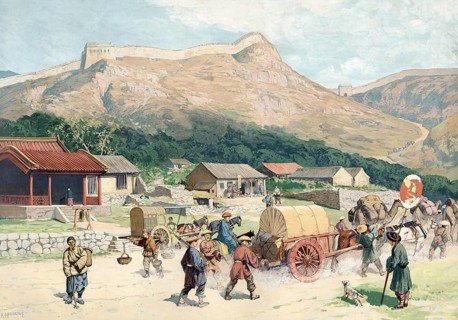 German colony, village scene and Great Wall of China at Nankou Pass, China, authentic reproduction