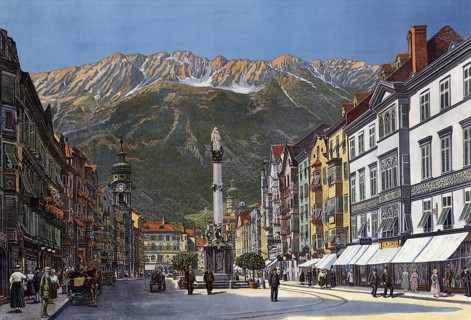 In the city center of Innsbruck, Tyrol, Austria, authentic reproduction of a school mural,
