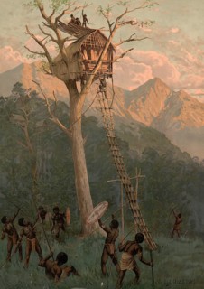 Tree house in the German colony Kaiser Wilhelmsland, New Guinea, authentic reproduction of a school