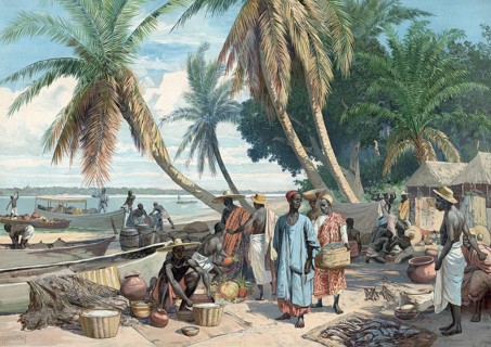 Weekly market on the lagoon in Togo, German colony, authentic reproduction of a school mural,