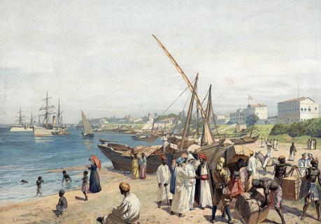German colony, harbor scene in Dar Es Salam, Tanzania, authentic reproduction of a school mural,