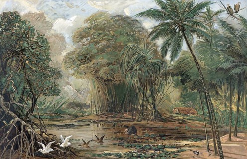 Landscape in the delta of the Ganges, India, authentic reproduction of a school mural, historical,
