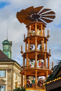 Christmas pyramid in front of clock tower at registry office, Christmas market, city of Esslingen,