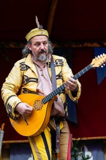 Mandolin player, musician, medieval clothing, medieval market, city of Esslingen, district of