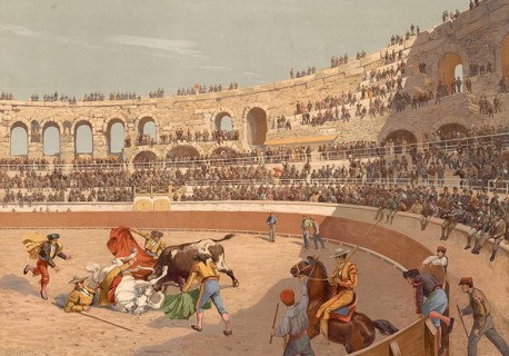 Bullfighting in Spain, authentic reproduction of a school mural, historical, around 1900