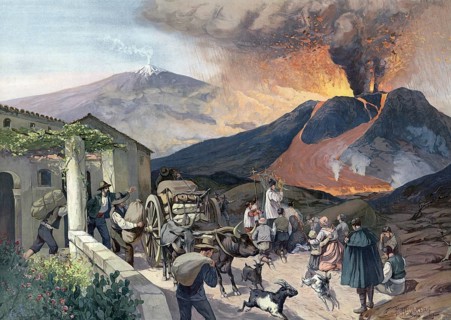 Eruption of Etna, Etna, in Sicily, people flee or pray, Italy, authentic reproduction of a school