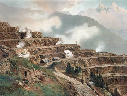 Quarry, ore mine, authentic reproduction of a school mural, historical, around 1900