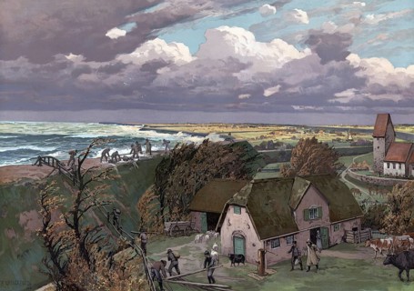 North Sea dike during storm surge, Germany, authentic reproduction of a school mural, historical,