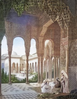 The Lion's Court in the Alhambra in Grenada, Andalusia, Spain, authentic reproduction of a school