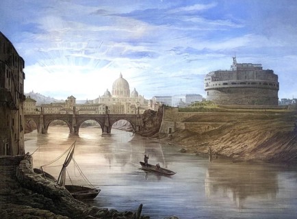 Castel Sant' Angelo, Rome, authentic reproduction of a school mural, historical, around 1900