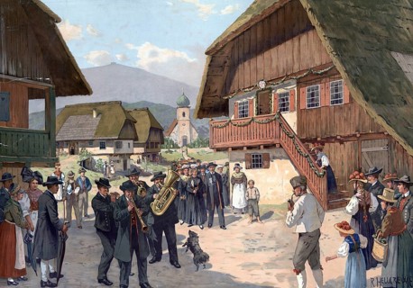 Wedding parade in the Black Forest, Germany, authentic reproduction of a school mural, historical,