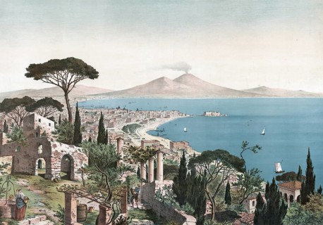 Gulf of Naples and Mount Vesuvius, Campania, Italy, authentic reproduction of a school mural,