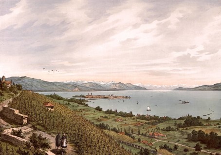 Lake Constance with a view of Lindau, Bavaria, Germany, authentic reproduction of a school mural,