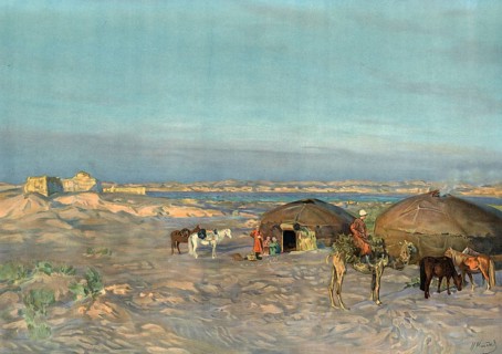 Steppe landscape in Kyrgyzstan, yurts, people, Central Asia, authentic reproduction of a school
