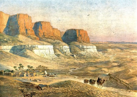Bedouin with camels in the Sahara desert, Algeria, authentic reproduction of a school mural,