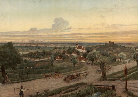 Rural scene in Poland, village and agriculture, authentic reproduction of a school mural,