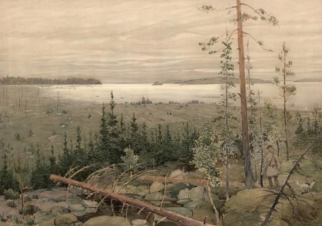 Lake region in Siberia, Russia, authentic reproduction of a school mural, historical, around 1900