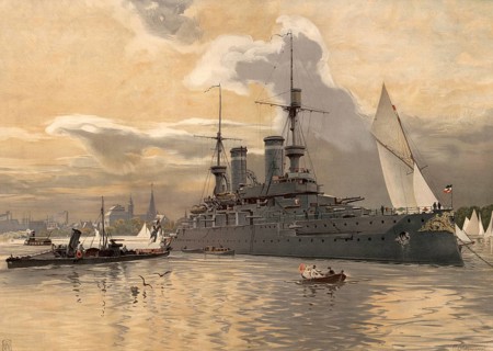 Warship in the port of Kiel, Schleswig-Holstein, Germany, authentic reproduction of a school mural,