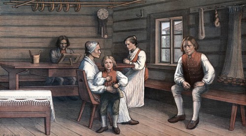 Moment of dedication with praying and reading the Bible, farmhouse, family scene from Finland,
