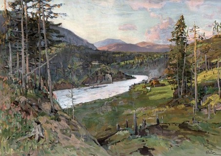 Landscape in Transbaikalia, region east of Lake Baikal, Russia, authentic reproduction of a school