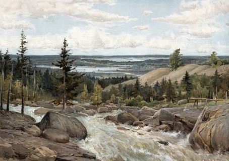 Typical landscape in Finland on the river Tana, authentic reproduction of a school mural,