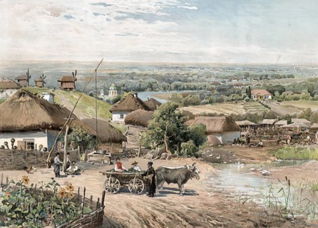 Little Russia, today north of Ukraine, village scene with farmers, authentic reproduction of a