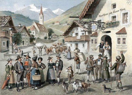 Village in Tyrol with folk types, farmers wearing traditional costume on Sunday in a small church