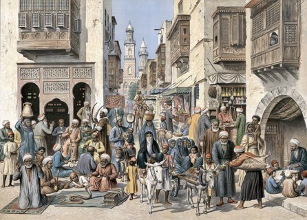 Street life with traders and artisans in Cairo, Egypt, authentic reproduction of a school mural,