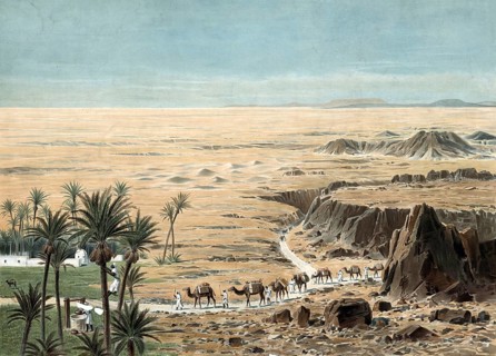 In the Sahara desert, camel caravan, Libya, authentic reproduction of a school mural, historic,
