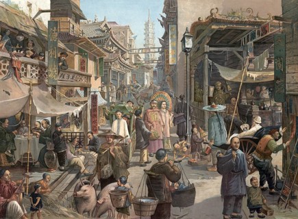 Street life with traders and artisans in a Chinese city, Canton, China, authentic reproduction of a