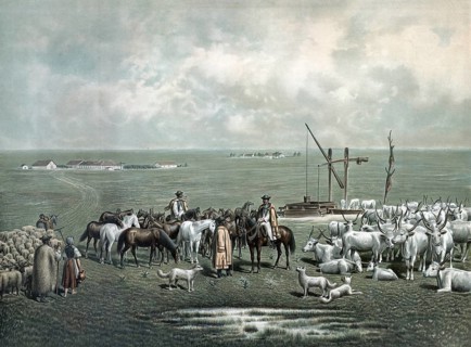 Shepherds with cattle and sheep at a well on the Puszta in Hungary, authentic reproduction of a