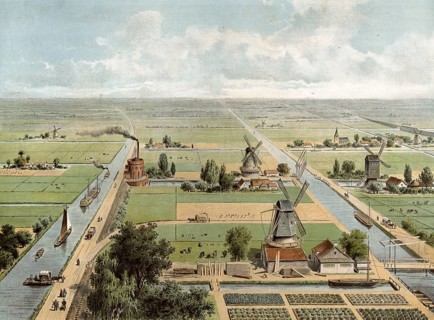 Marsh landscape with canals, windmills and fields in Holland, authentic reproduction of a school