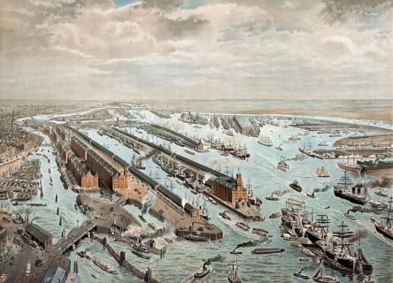 Port in Hamburg, Hamburger Hafen overview, North Sea, Germany, authentic reproduction of a school