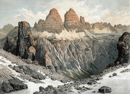 The Three Peaks, mountain group of the Dolomites, South Tyrol, Italy, authentic reproduction of a