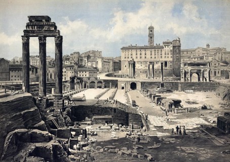 The forum in Rome. Italy, authentic reproduction of a school mural, historic, around 1900,