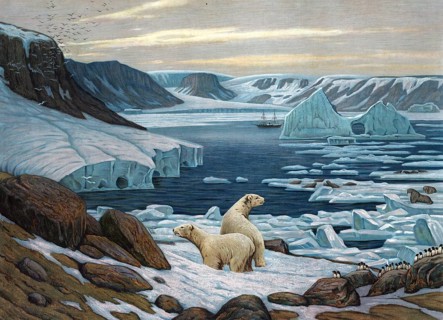 Polar Landscape with Polar Bears, Arctic, Authentic Reproduction of a School Mural, Historic,