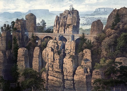 Elbe Sandstone Mountains, Bastei Bridge near Rathen, Saxony, Germany, authentic reproduction of a