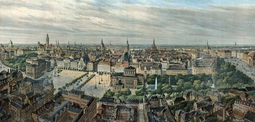 Panorama of Leipzig, Saxony, Germany, authentic reproduction of a school mural, historic, around