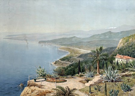 Shores of the Black Sea, coast in Ukraine, authentic reproduction of a school mural, historical,
